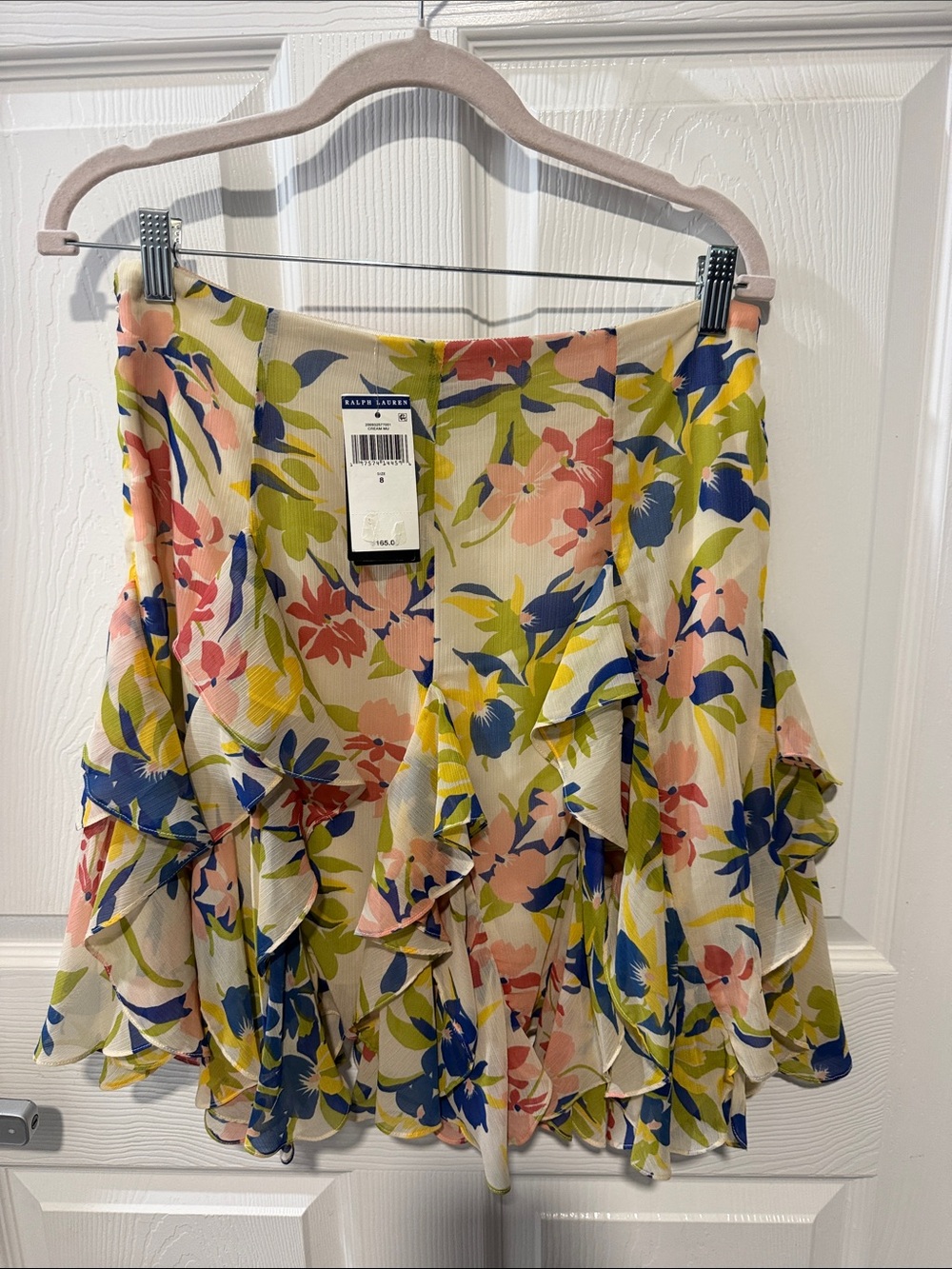 Ralph Lauren Cream Floral Ruffle Skirt with Pink, Blue & Green Accents